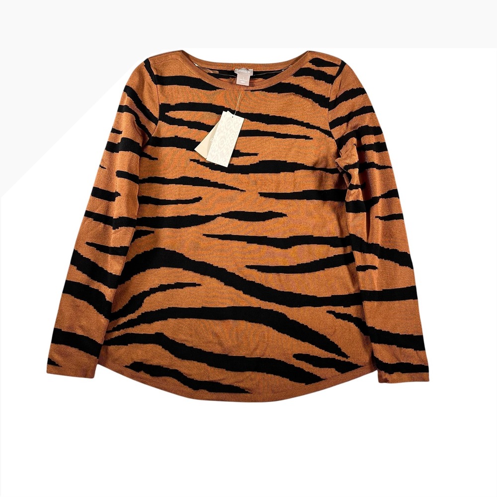 Chicos Pullover Sweater Textured Tiger Bateau Sweet Cognac Womens Size 1 Medium